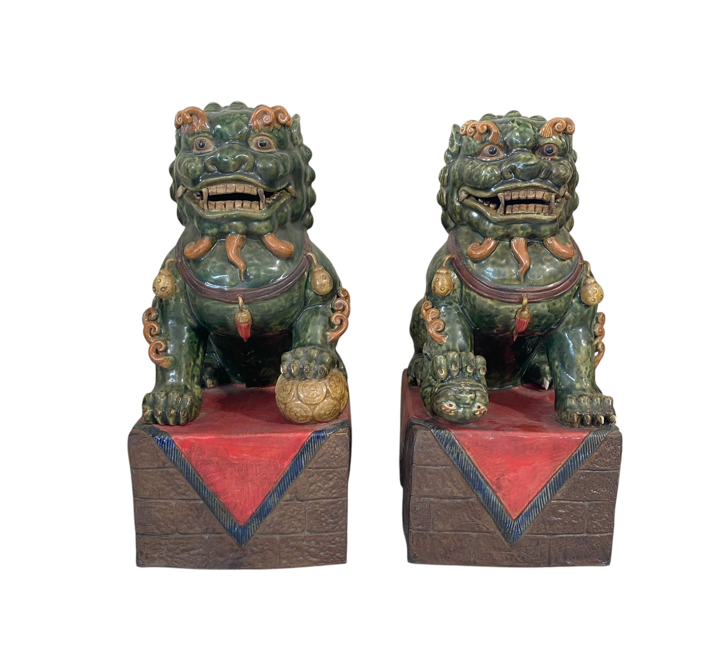 #6353 Pair Vintage Sancai Glaze Chinese Pottery Foo Dog  Sculptures Garnitures Guardians