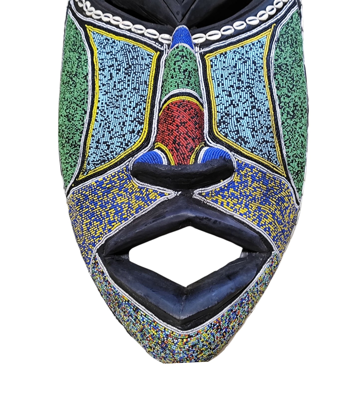 #6834  Large African  Beaded Ghana Bakota Hand Carved  Mask Wall Art 37.5" H