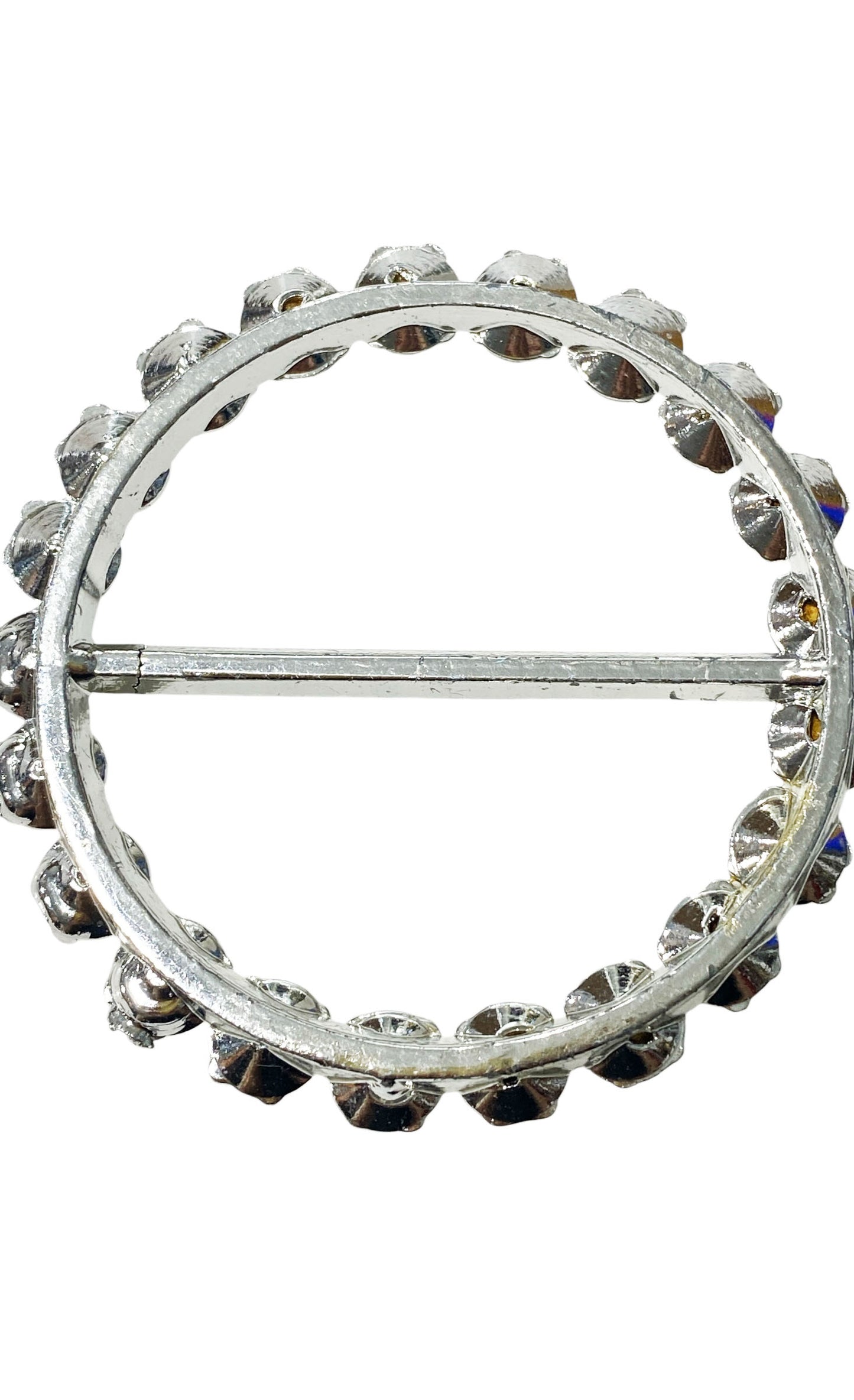 #77 Vintage Silver Tone Round Buckle with large round Clear Rhinestones