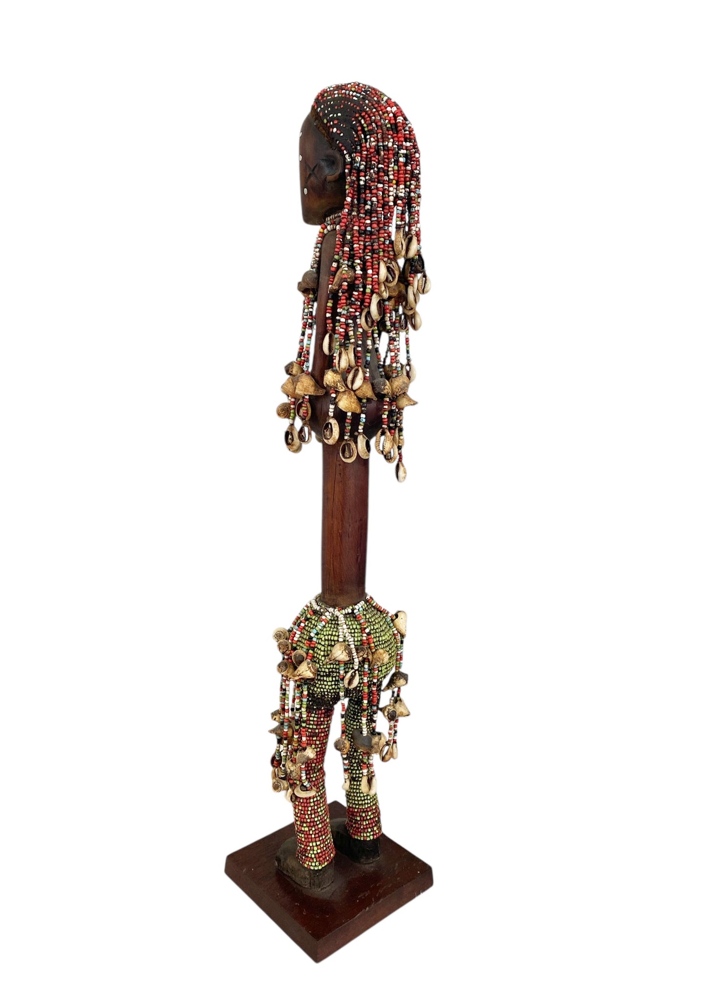 #1163 LG Vintage African Carved Wood w/ Trade Beads Shells  Namji Fertility Doll 31" H