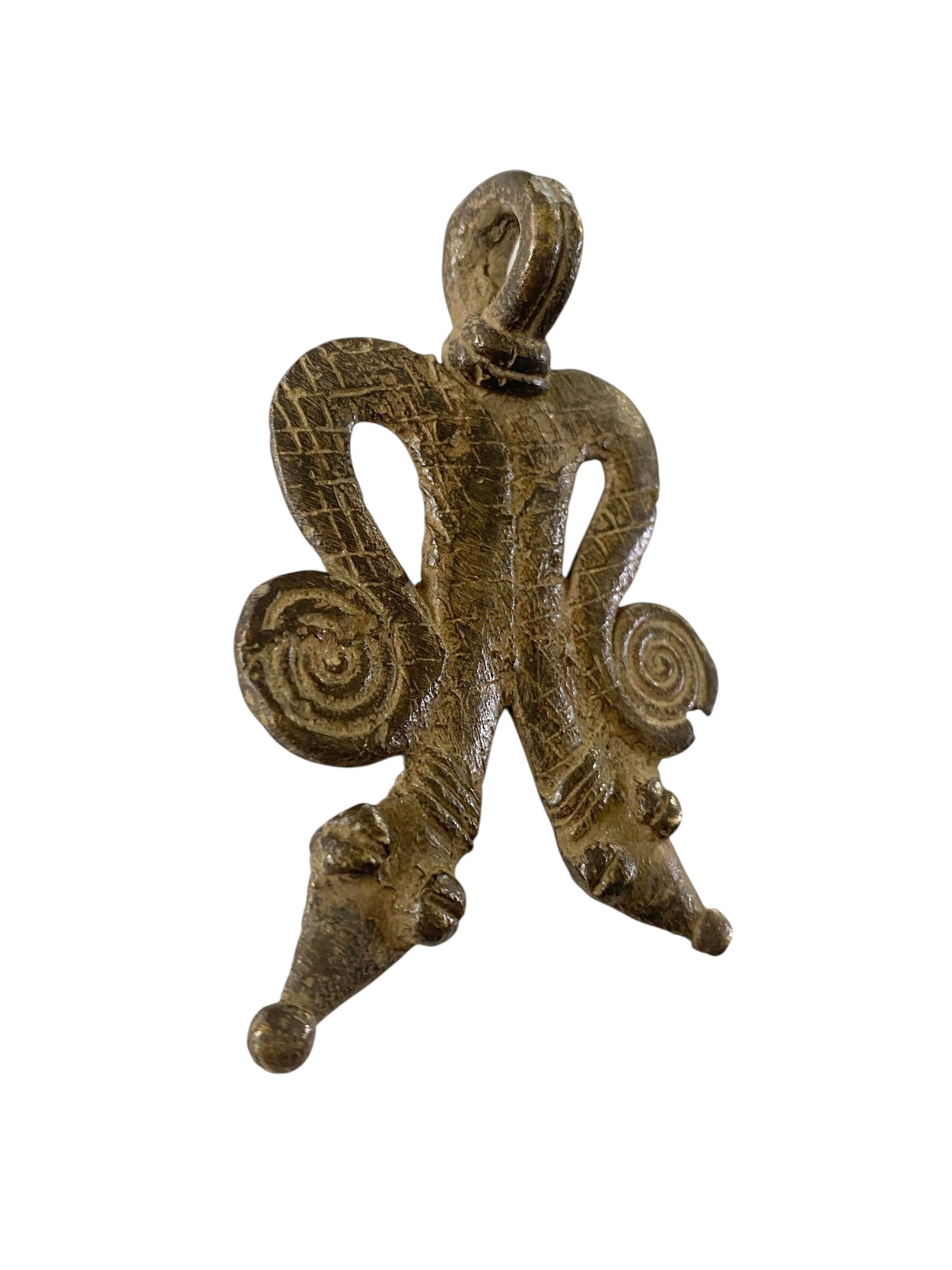 #1181 Vtg  Gan Bronze Amulet Pendant/gold Weight / Ornate Serpents Burkina Faso