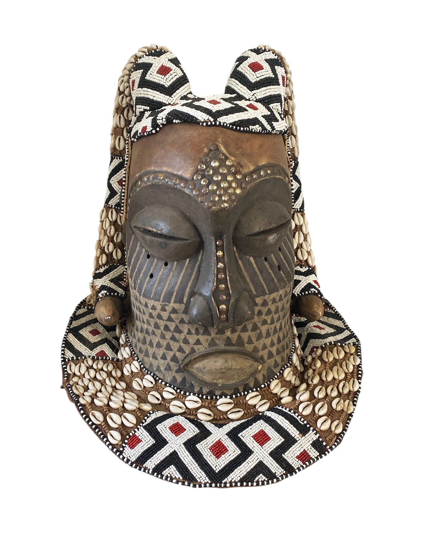 #6807 Vintage Large African Tribal Kuba Royal Head Mask Congo 15" H