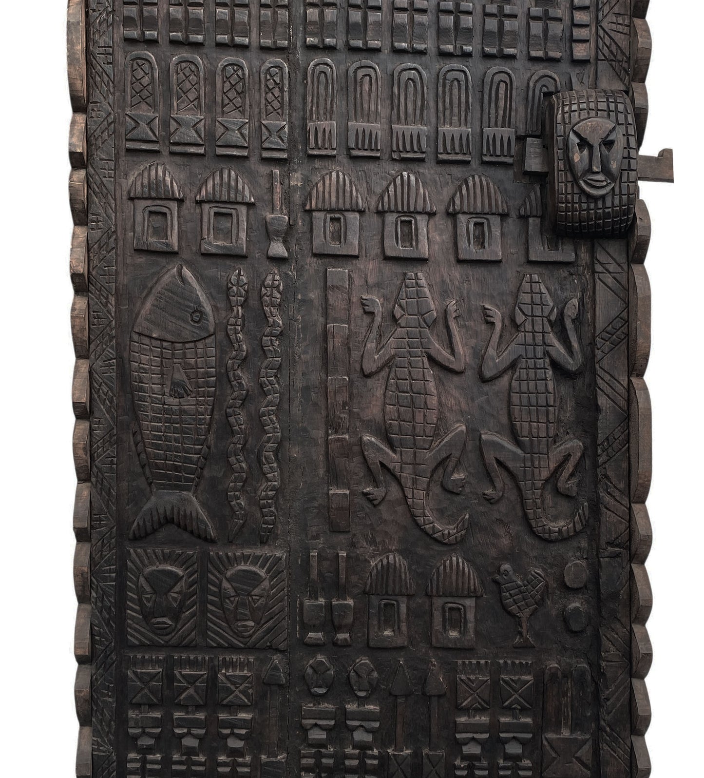 #6827 Vintage Granary Dogon Door w/Nomoo Ancestors /crocodiles/ Mali African 82" H