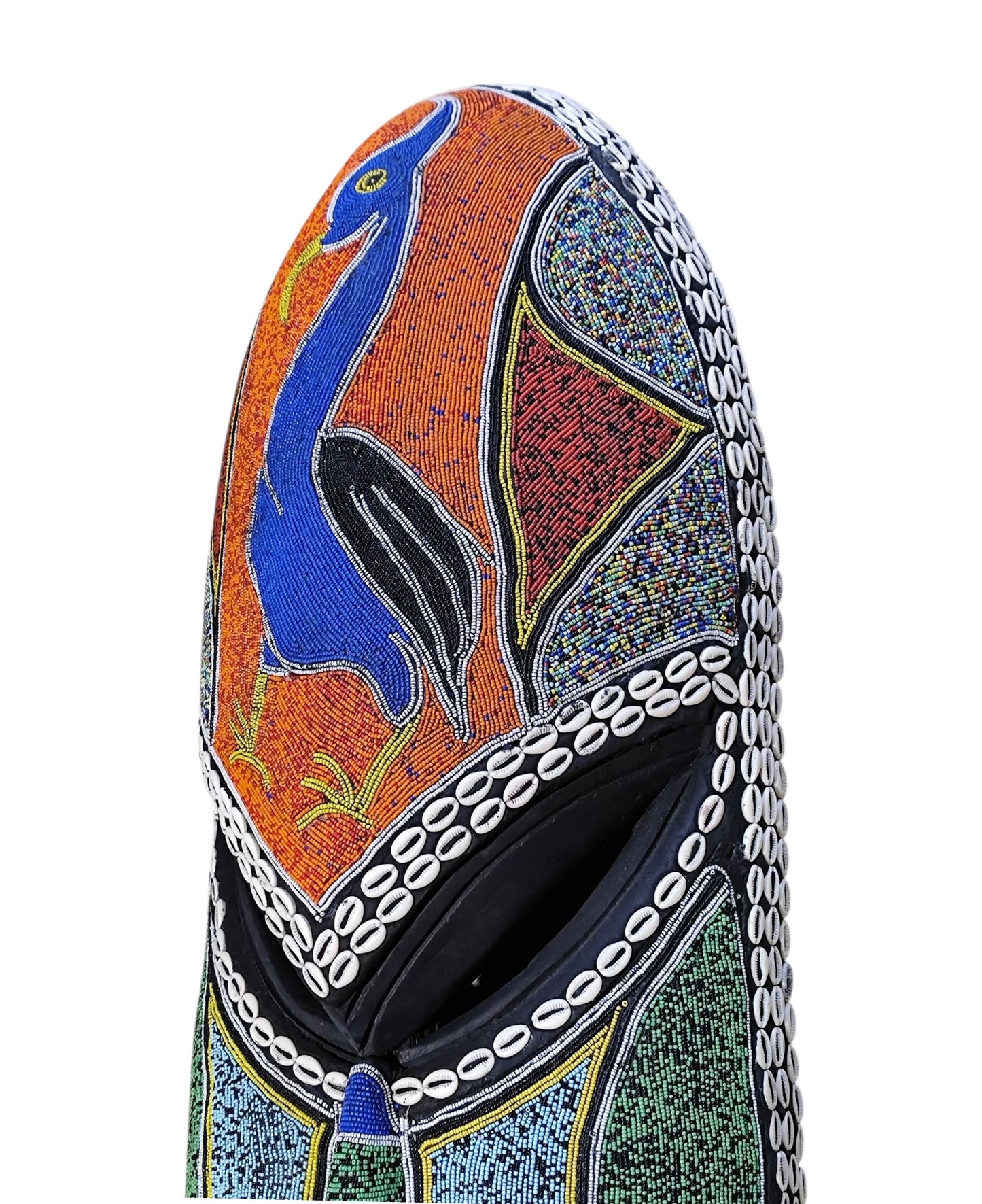 #6834  Large African  Beaded Ghana Bakota Hand Carved  Mask Wall Art 37.5" H