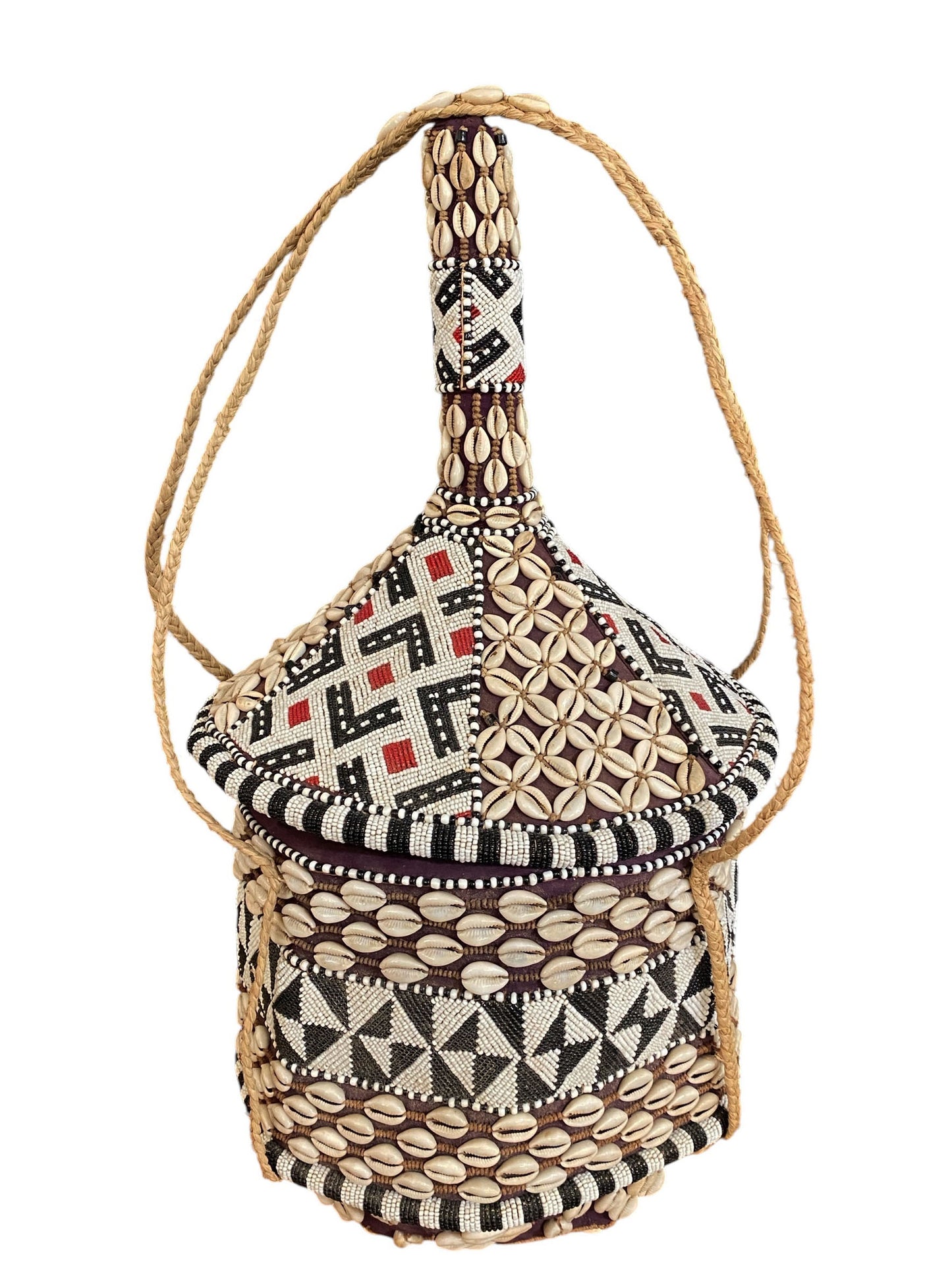 #1120 Vintage Large Kuba Royal Beaded Basket Congo 24" H