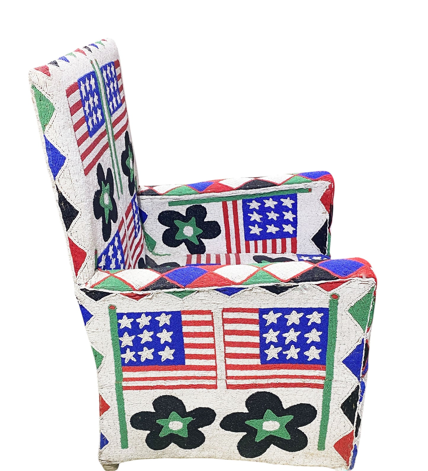 #1141 Vintage  African Nobility Nigerian Yoruba Beaded ArmChair W/ Stylized American flags.