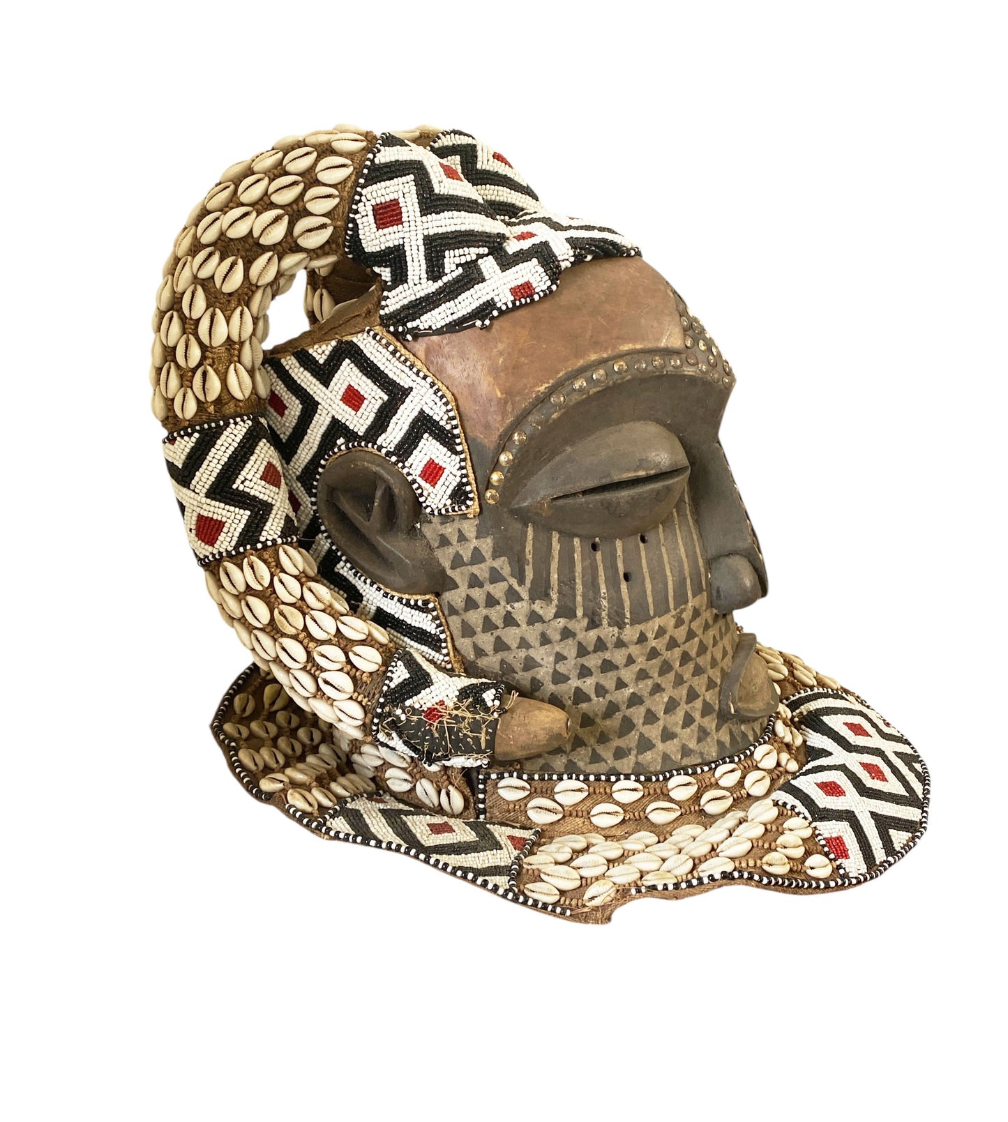 #6807 Vintage Large African Tribal Kuba Royal Head Mask Congo 15" H