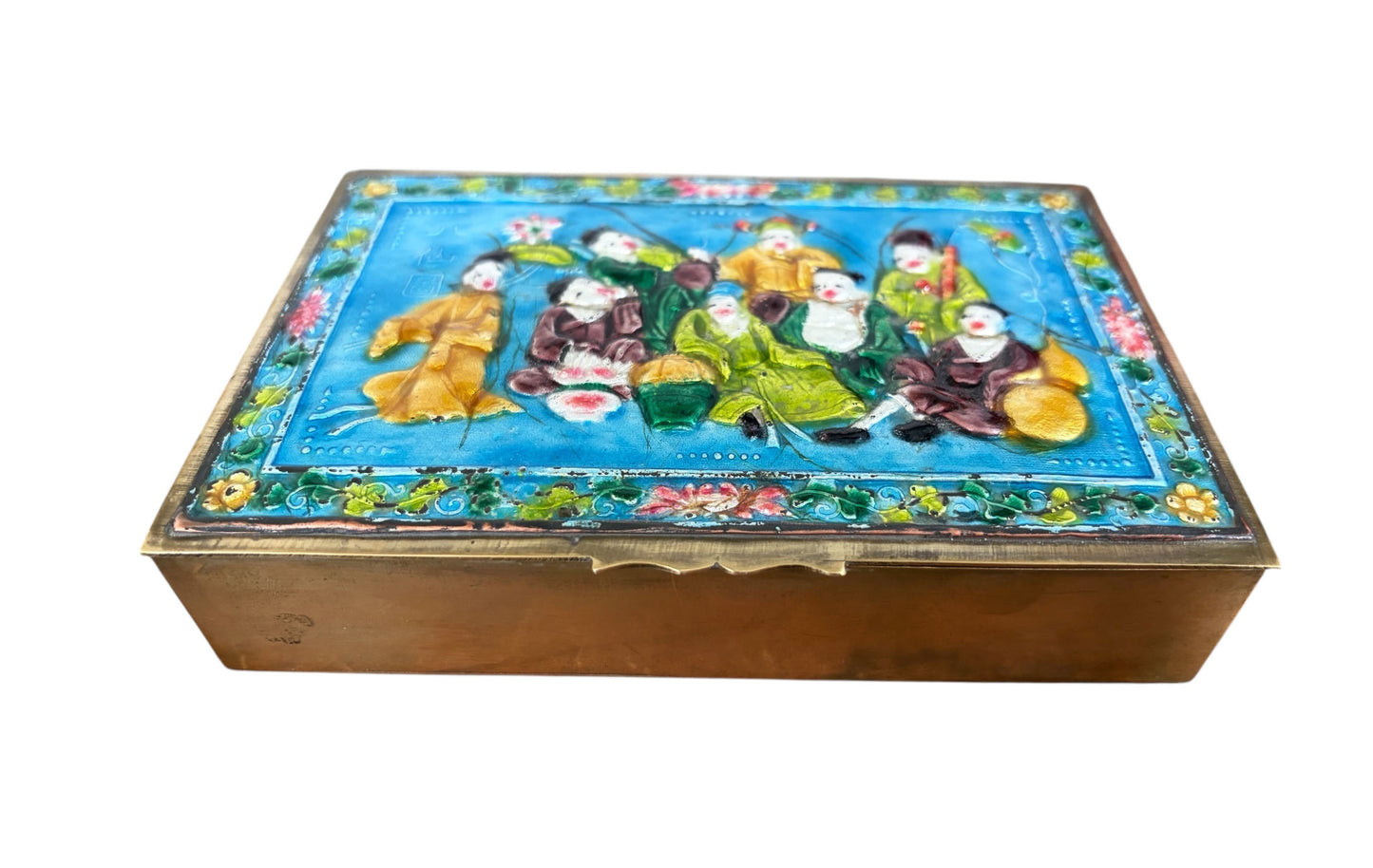 #630 Vintage Chinoiserie  Enamel Repousse on Brass Hinged Chinese Box