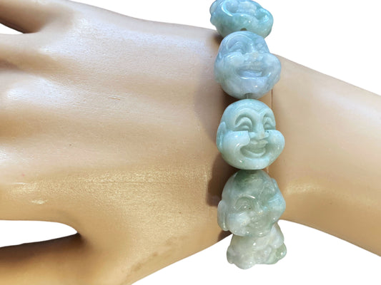 #6252 Jadeite Jade Smiling Buddha Heads Bracelet 11 Beads