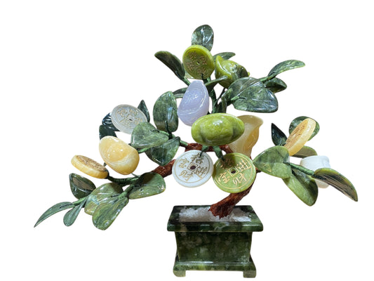 #6785 Vintage  Carved Jade color Soap Stone Bonsai Lucky Money  Tree 11" H