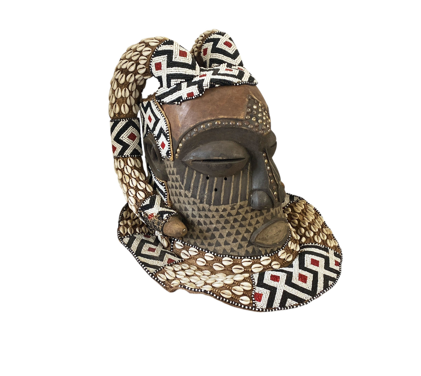 #6807 Vintage Large African Tribal Kuba Royal Head Mask Congo 15" H