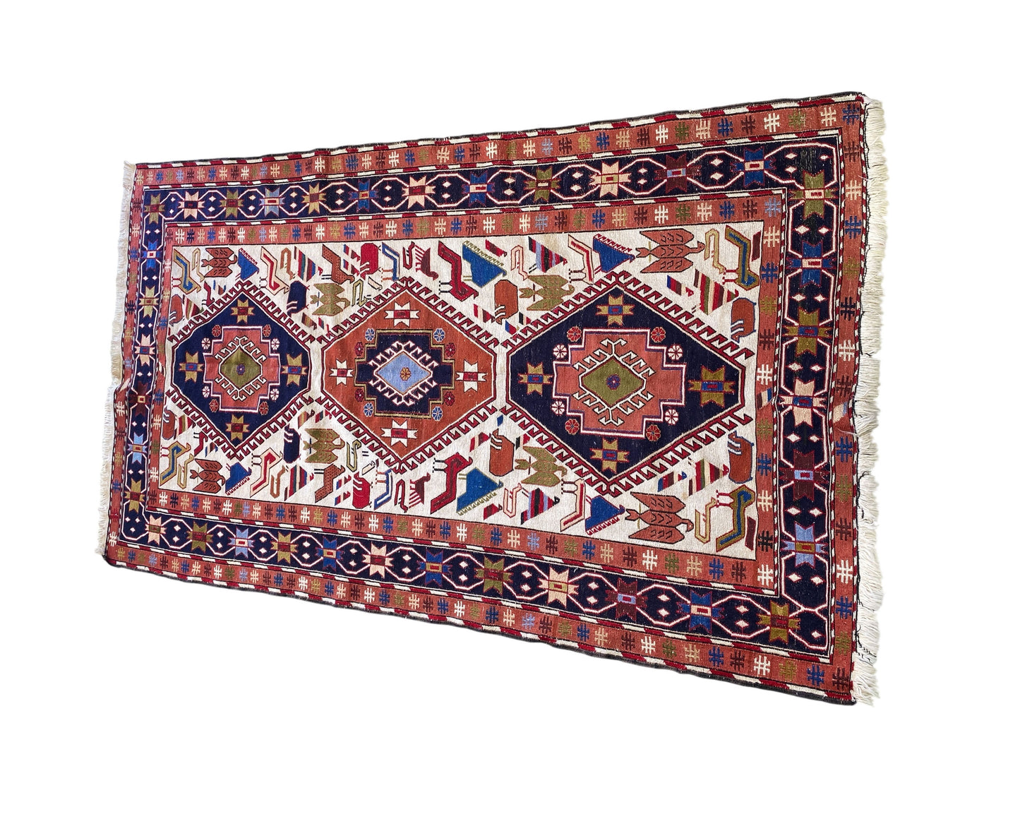 #518 Vintage Caucasian Soumack Flat Handwoven Rug 3'8" X 6'7" w/ Birds