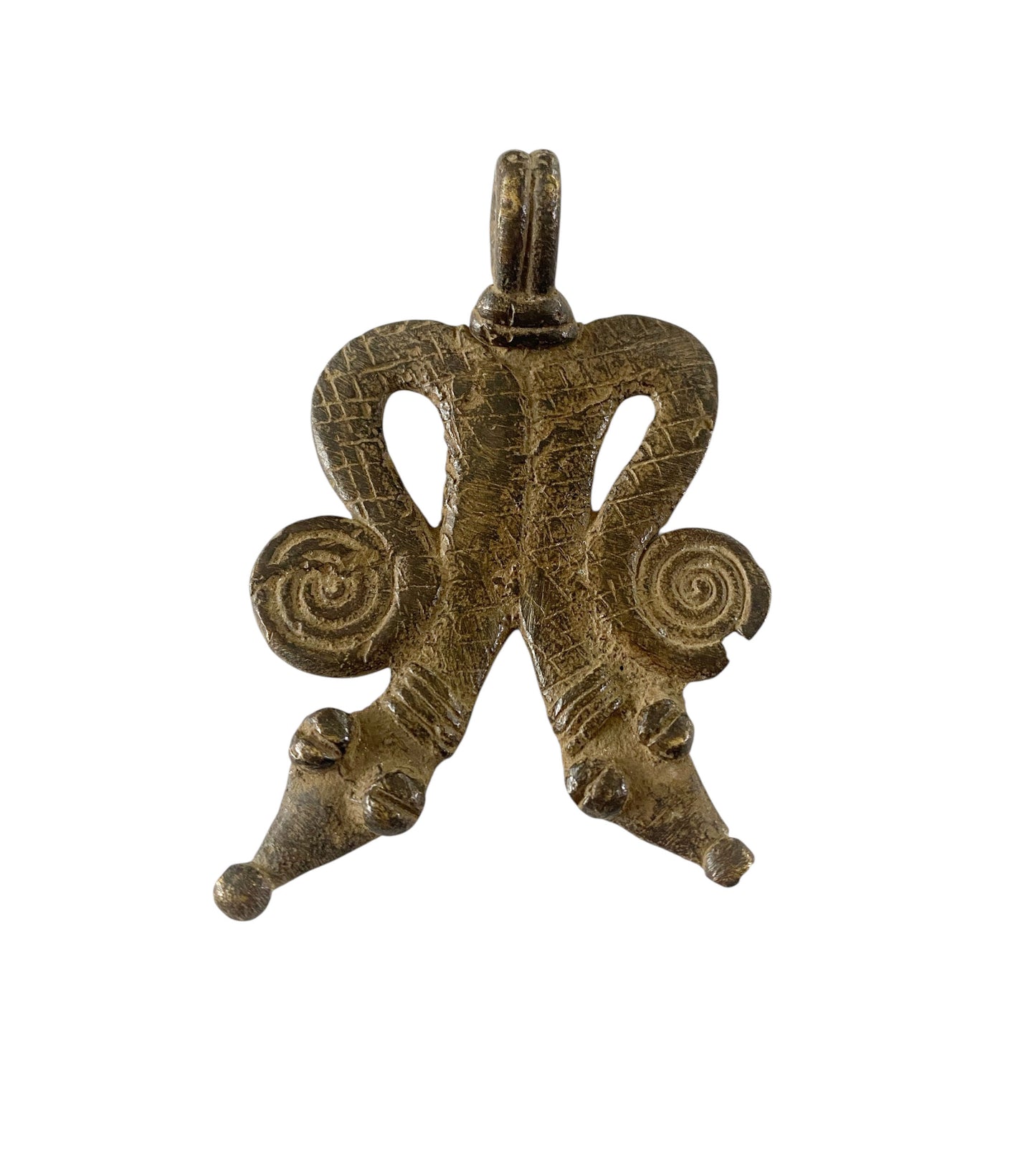#1181 Vtg  Gan Bronze Amulet Pendant/gold Weight / Ornate Serpents Burkina Faso