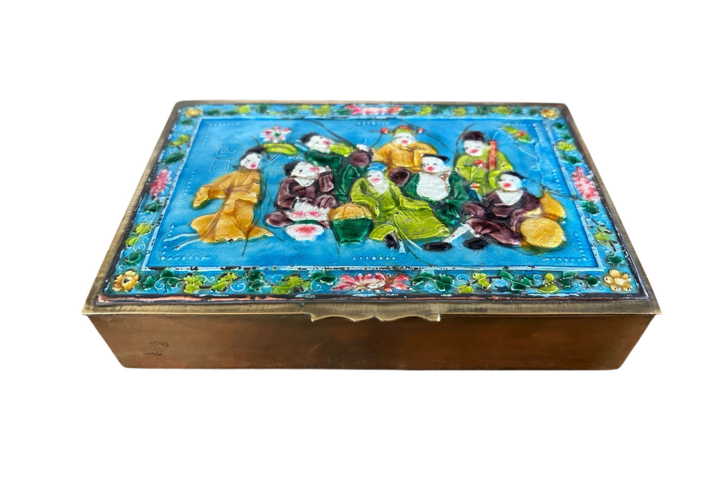 #630 Vintage Chinoiserie  Enamel Repousse on Brass Hinged Chinese Box