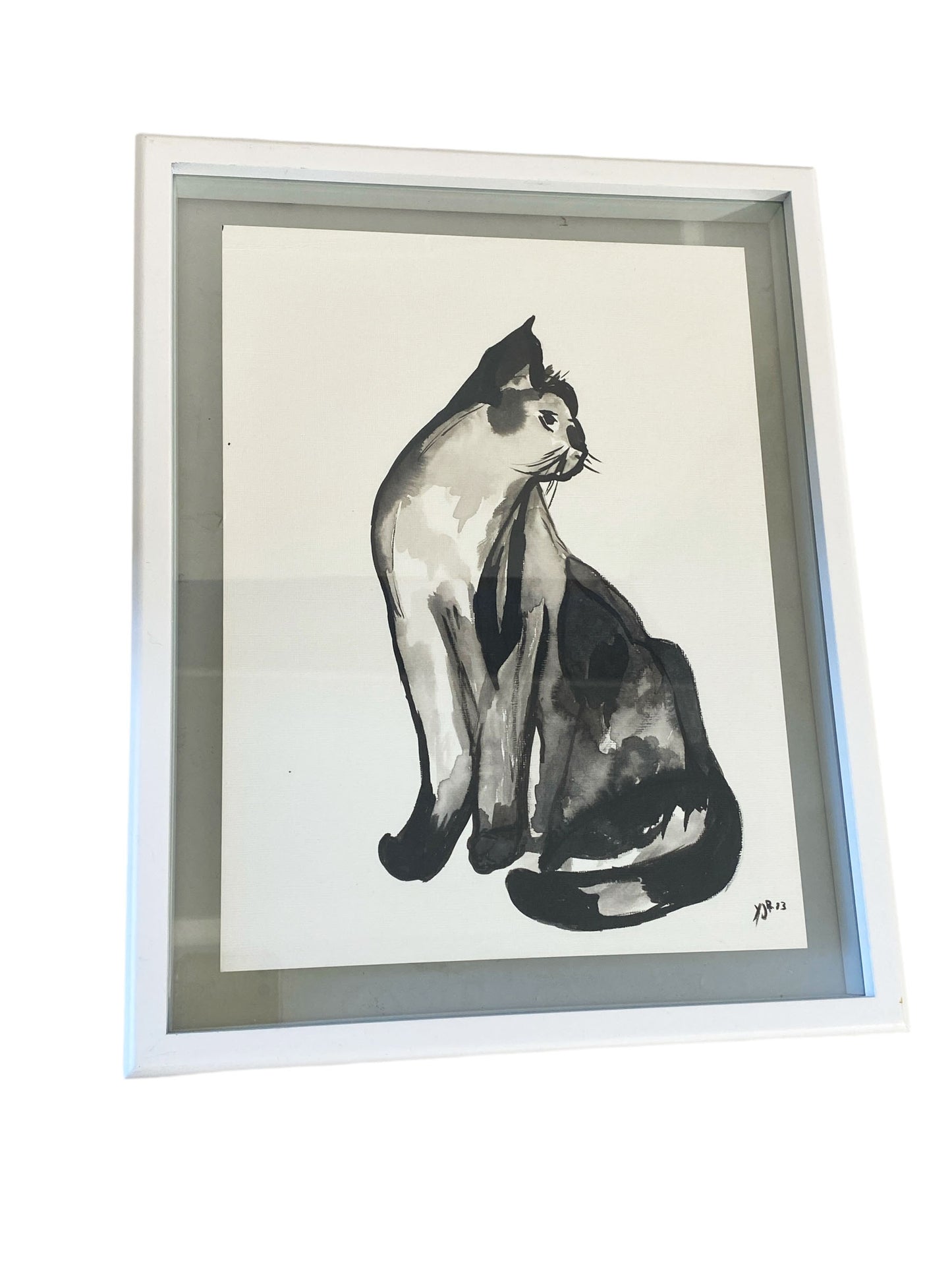 #7157 YJR Black Ink on Paper Painting Of A Cat "Poupée", Framed 15" H