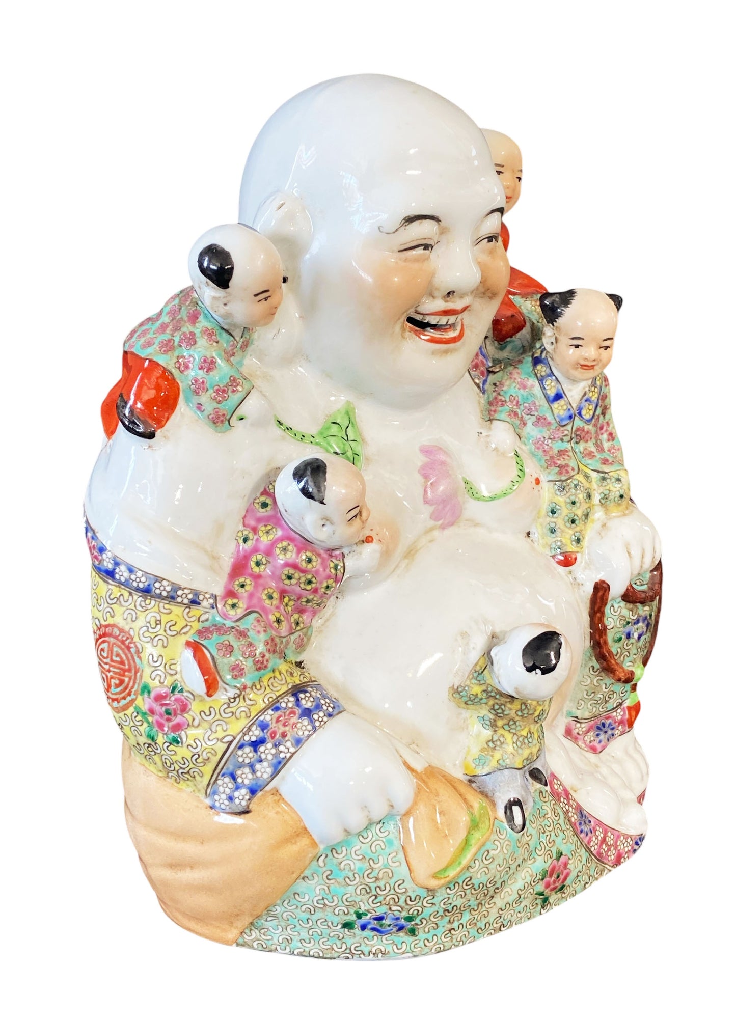 #6368 Vintage Chinese  Porcelain Happy Laugh Maitreya Buddha Five Children Statue 11.5" H