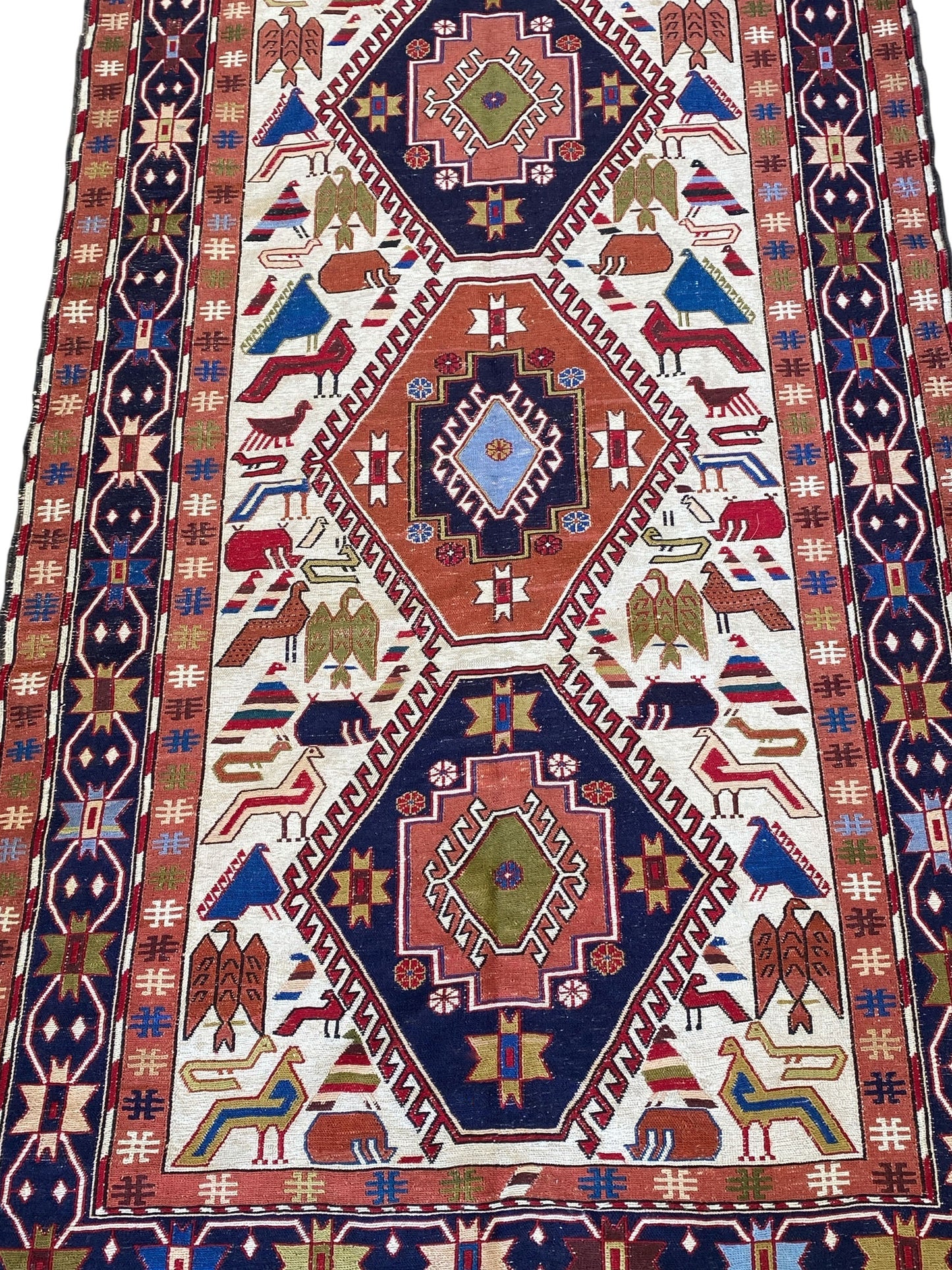 #518 Vintage Caucasian Soumack Flat Handwoven Rug 3'8" X 6'7" w/ Birds