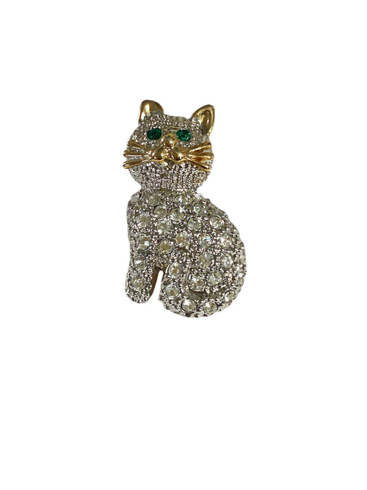 #6304 Vintage  Pave clear Rhinestone Cat Pin Gold Toned  Costume Jewelry