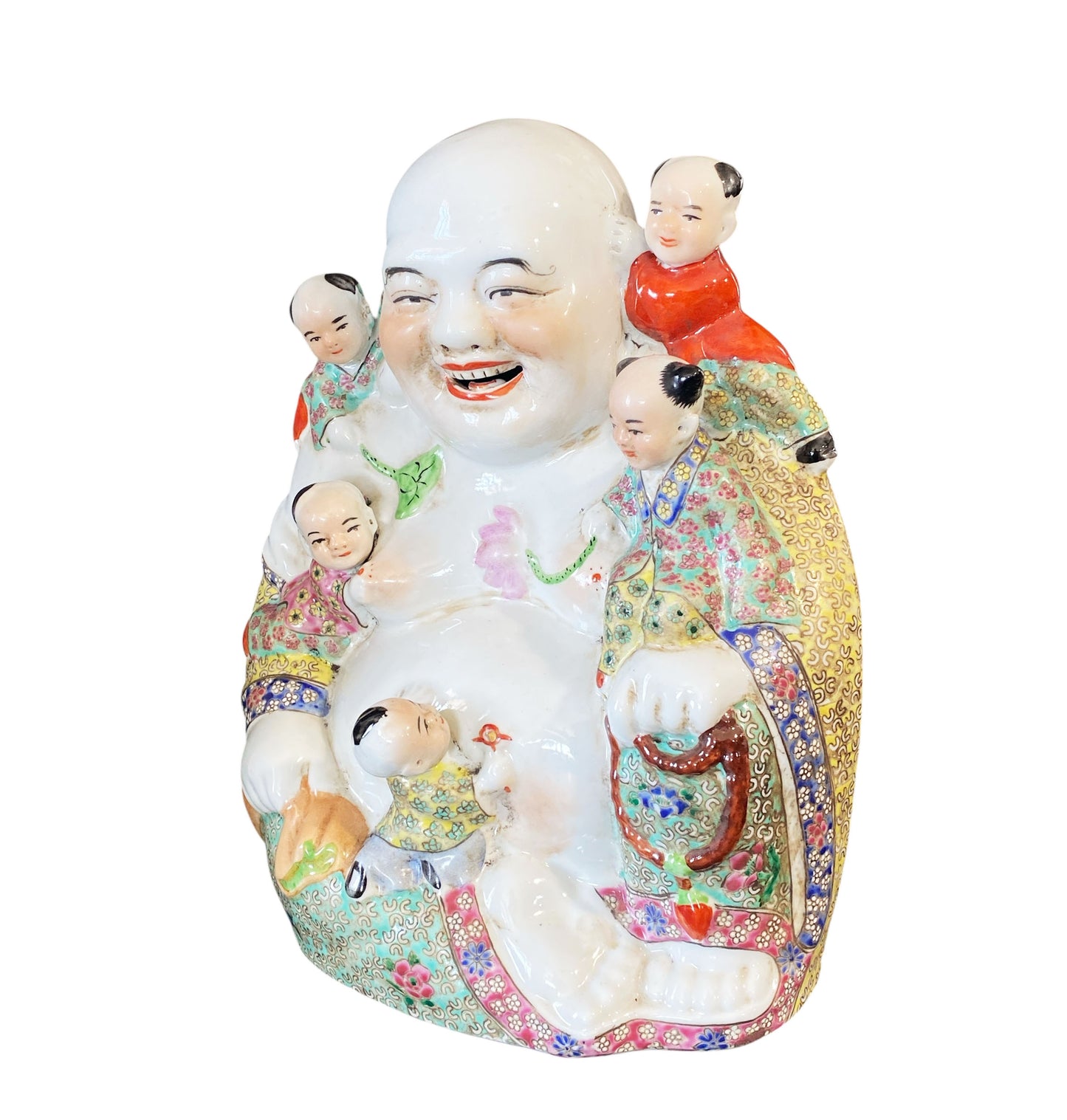 #6368 Vintage Chinese  Porcelain Happy Laugh Maitreya Buddha Five Children Statue 11.5" H