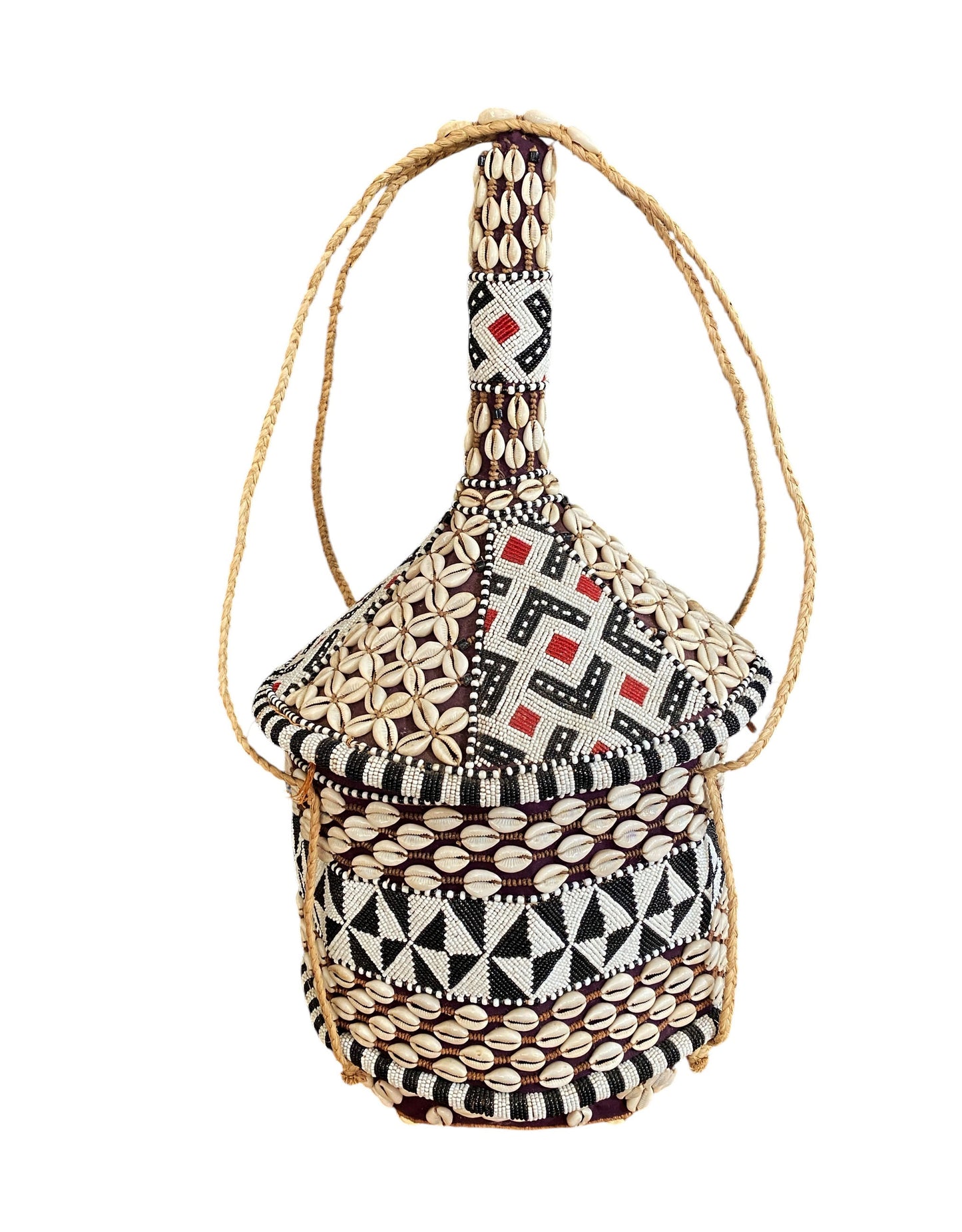 #1120 Vintage Large Kuba Royal Beaded Basket Congo 24" H