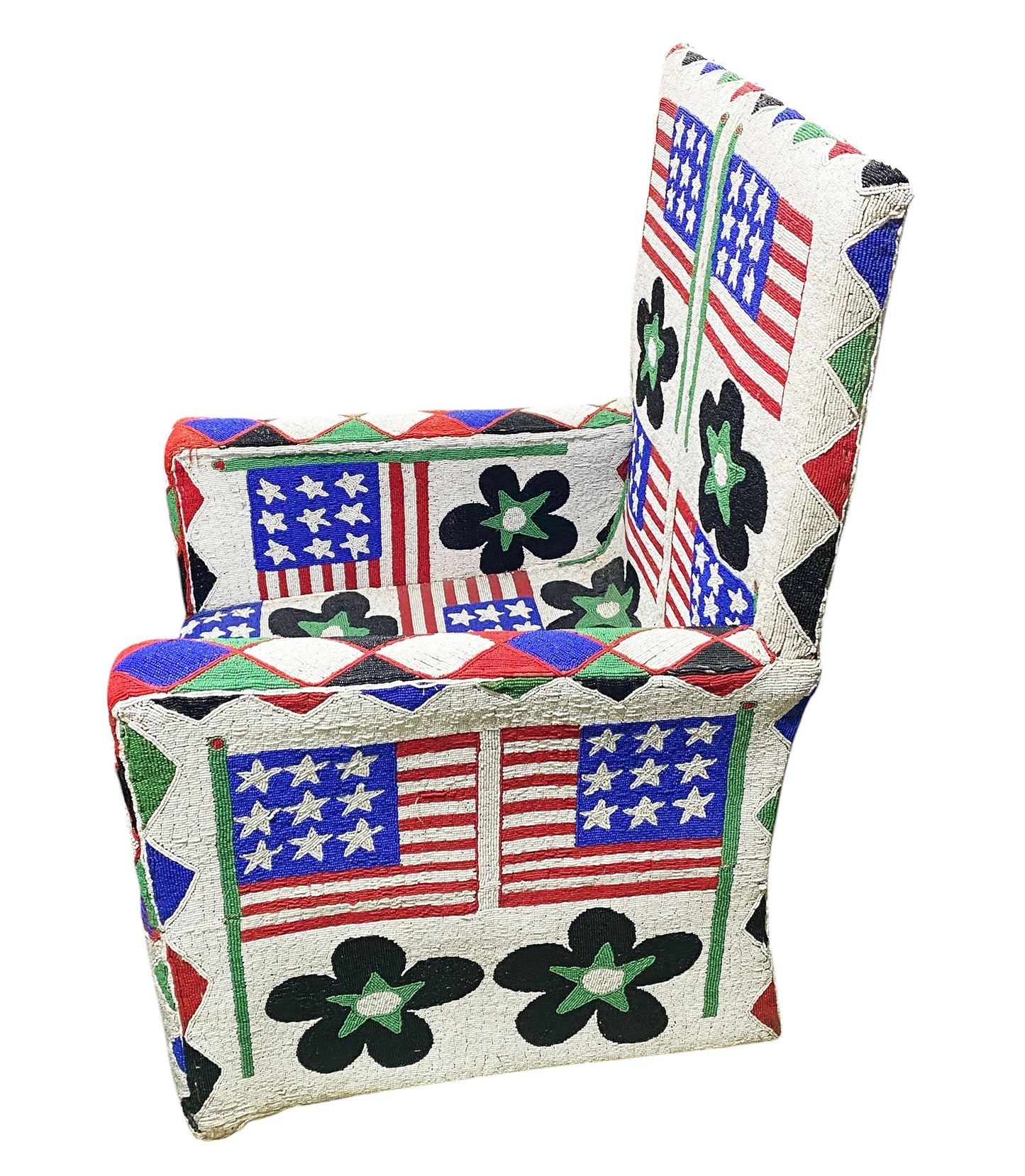 #1141 Vintage  African Nobility Nigerian Yoruba Beaded ArmChair W/ Stylized American flags.