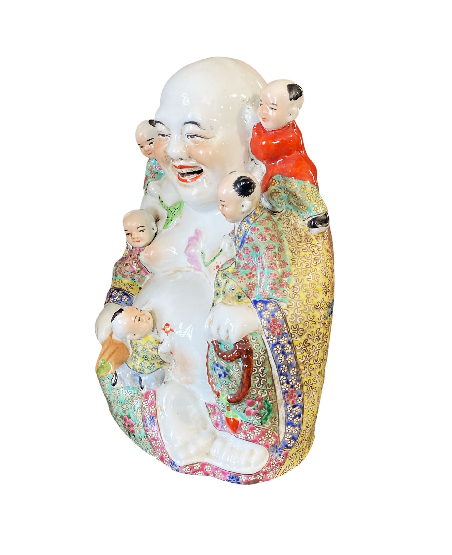 #6368 Vintage Chinese  Porcelain Happy Laugh Maitreya Buddha Five Children Statue 11.5" H