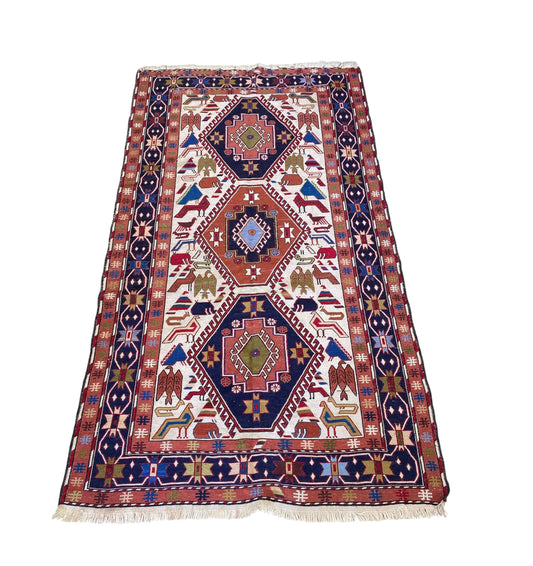 #518 Vintage Caucasian Soumack Flat Handwoven Rug 3'8" X 6'7" w/ Birds