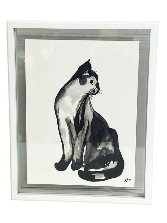 #7157 YJR Black Ink on Paper Painting Of A Cat "Poupée", Framed 15" H