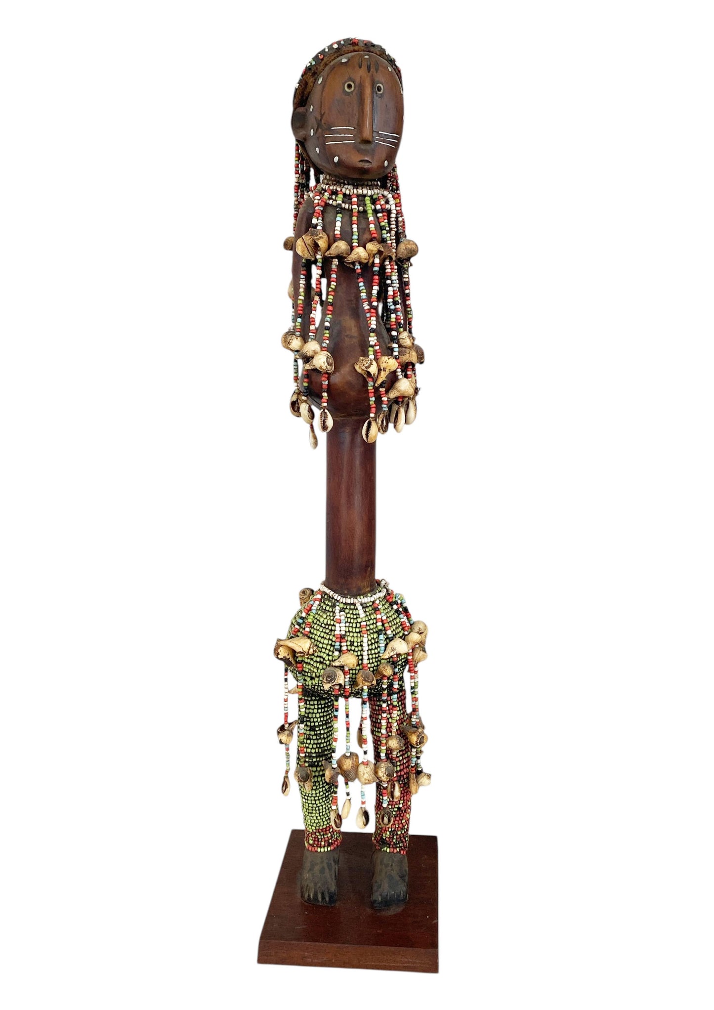 #1163 LG Vintage African Carved Wood w/ Trade Beads Shells  Namji Fertility Doll 31" H