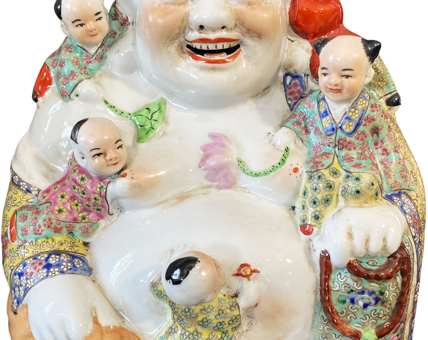 #6368 Vintage Chinese  Porcelain Happy Laugh Maitreya Buddha Five Children Statue 11.5" H