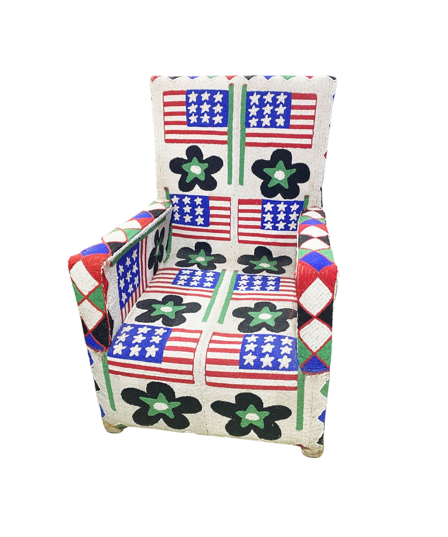#1141 Vintage  African Nobility Nigerian Yoruba Beaded ArmChair W/ Stylized American flags.