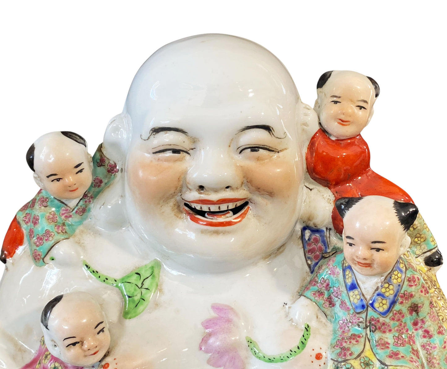 #6368 Vintage Chinese  Porcelain Happy Laugh Maitreya Buddha Five Children Statue 11.5" H