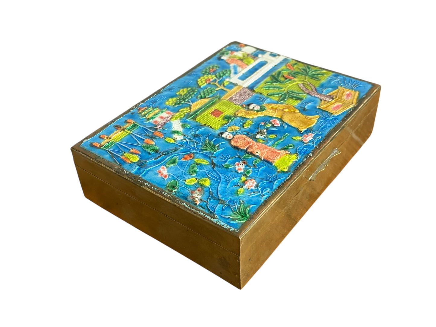 #629 Vintage  Chinoiserie  Canton Enamel Brass Trinket Jewelry Box Wood Lined