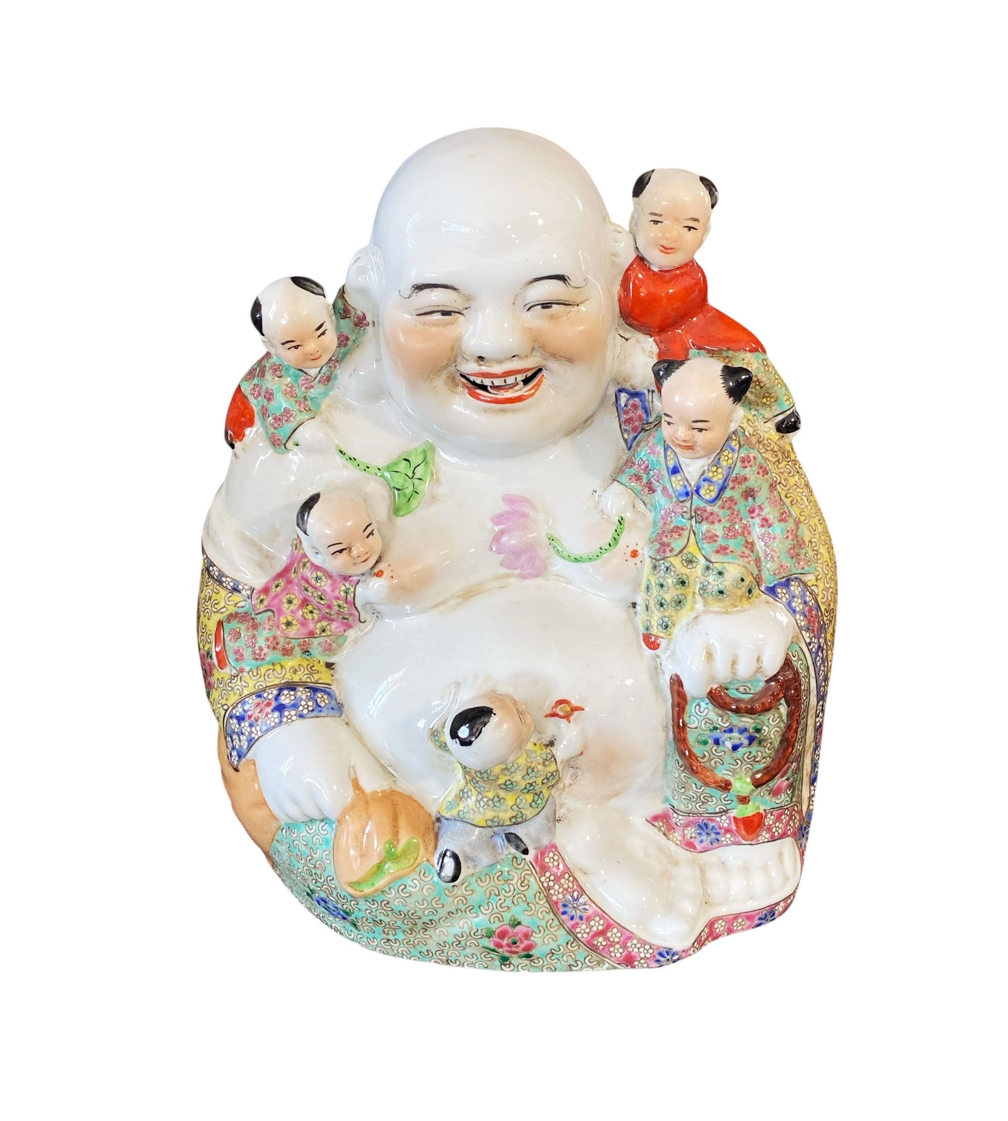 #6368 Vintage Chinese  Porcelain Happy Laugh Maitreya Buddha Five Children Statue 11.5" H