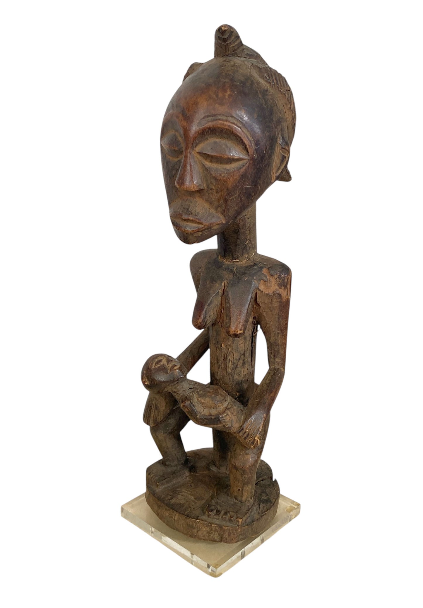 #1166 African Art Primitive  Old  Maternity Statue Bambara Bamana Mali - 14"h On Stand