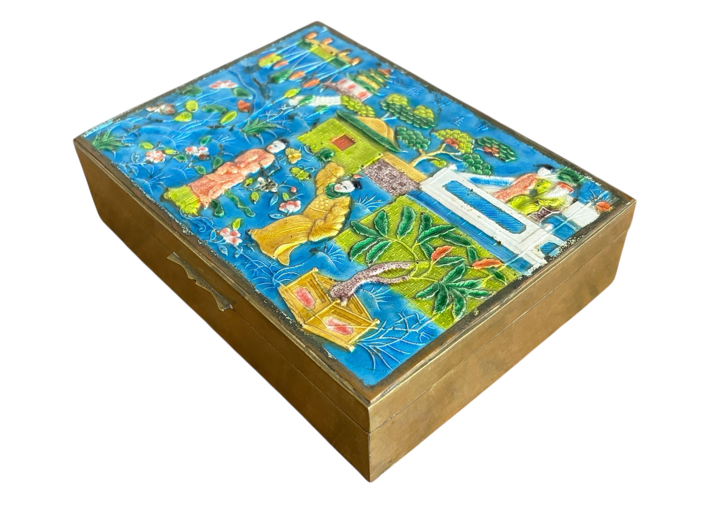 #629 Vintage  Chinoiserie  Canton Enamel Brass Trinket Jewelry Box Wood Lined