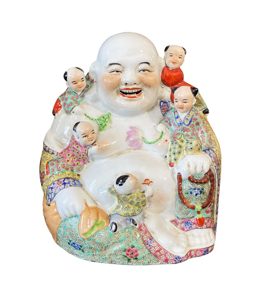 #6368 Vintage Chinese  Porcelain Happy Laugh Maitreya Buddha Five Children Statue 11.5" H