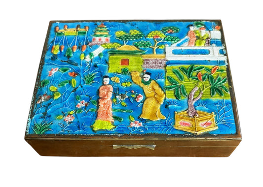 #629 Vintage  Chinoiserie  Canton Enamel Brass Trinket Jewelry Box Wood Lined