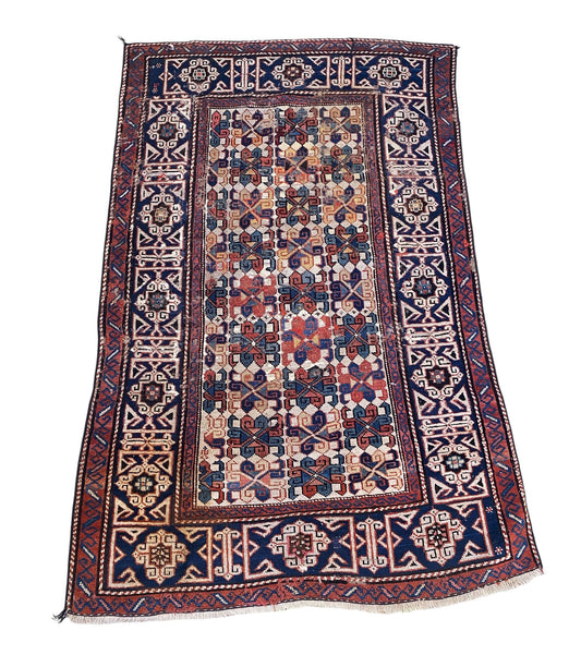 #517 19th Century Tribal Antique Caucasian Avar Dagestan  Rug,  Caucasus 3.5'by 5.2'
