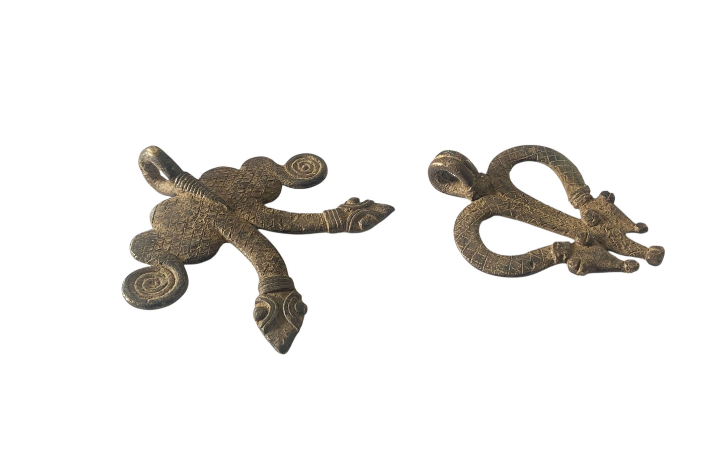 #1201  Vtg set of Two Gan Bronze Amulet Pendant/gold Weight / Ornate Serpents Burkina Faso