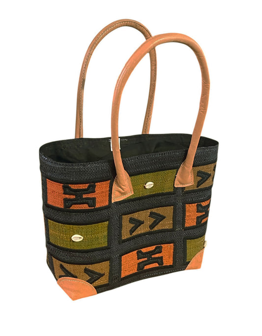 #97 Sewn & Embroidered Raffia /leather Tote Bag  Madagascar