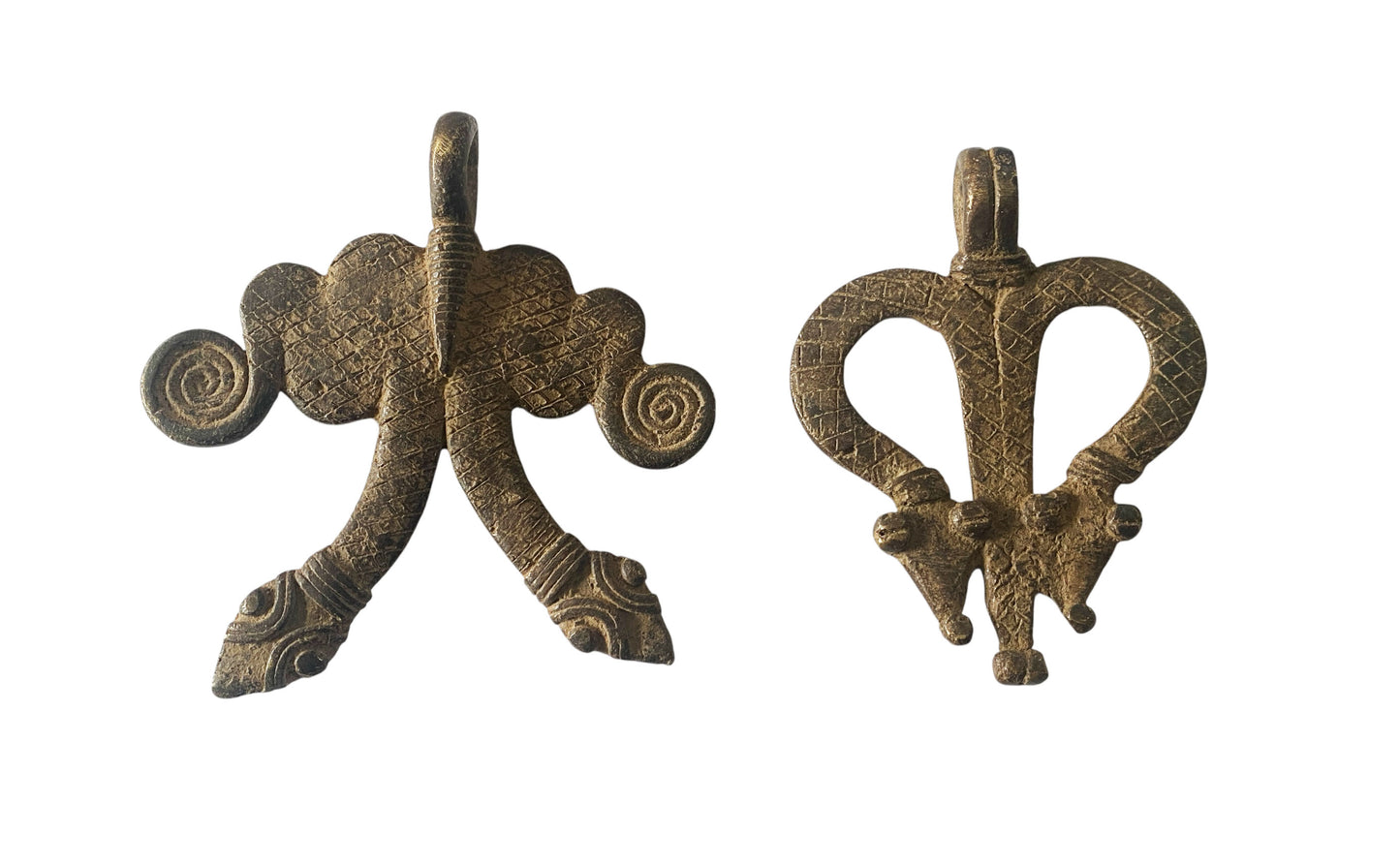 #1201  Vtg set of Two Gan Bronze Amulet Pendant/gold Weight / Ornate Serpents Burkina Faso