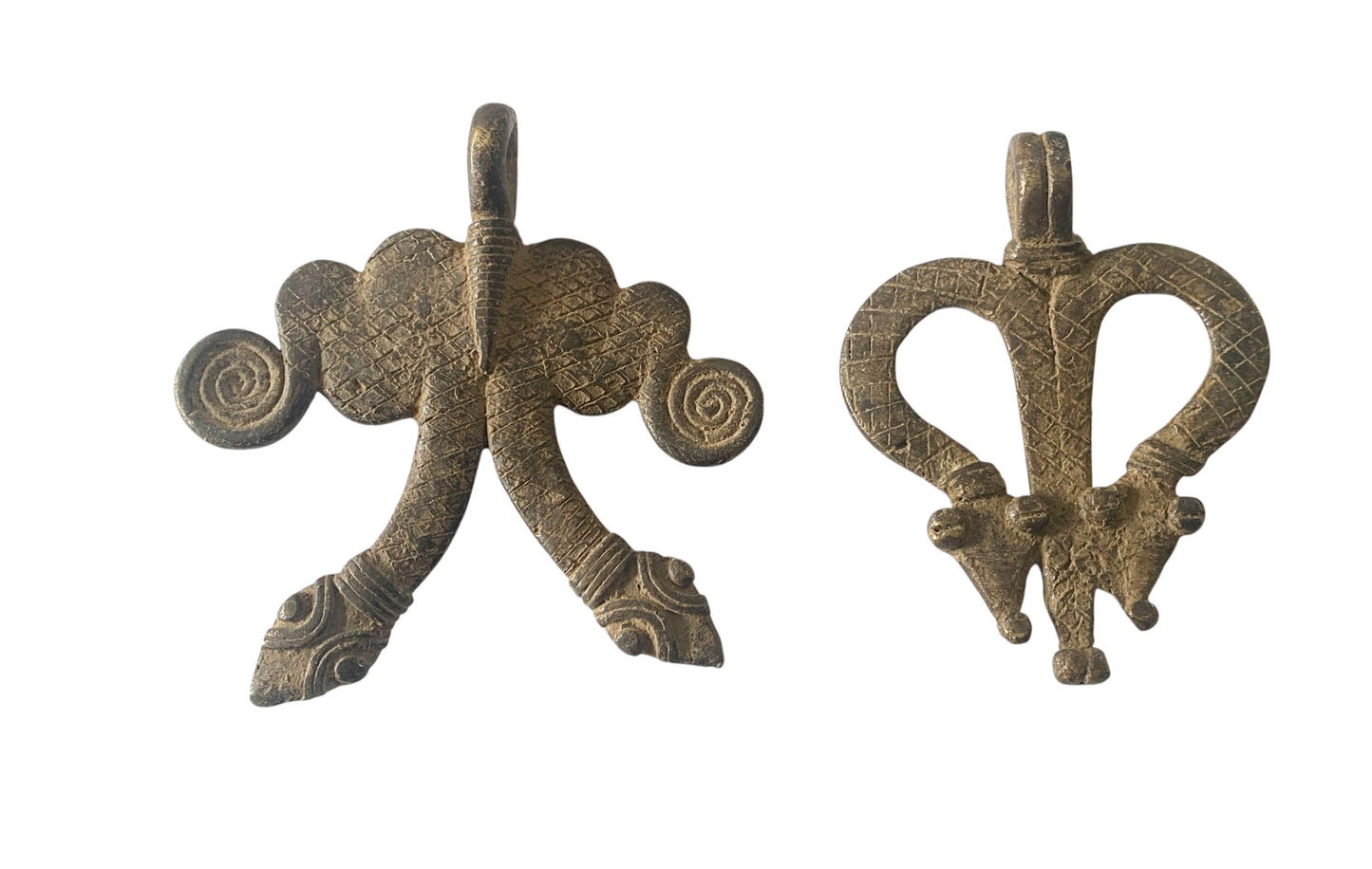 #1201  Vtg set of Two Gan Bronze Amulet Pendant/gold Weight / Ornate Serpents Burkina Faso