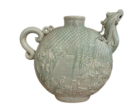 #339 Vintage Chinoiserie Celadon Phoenix Bird Vase  17" H