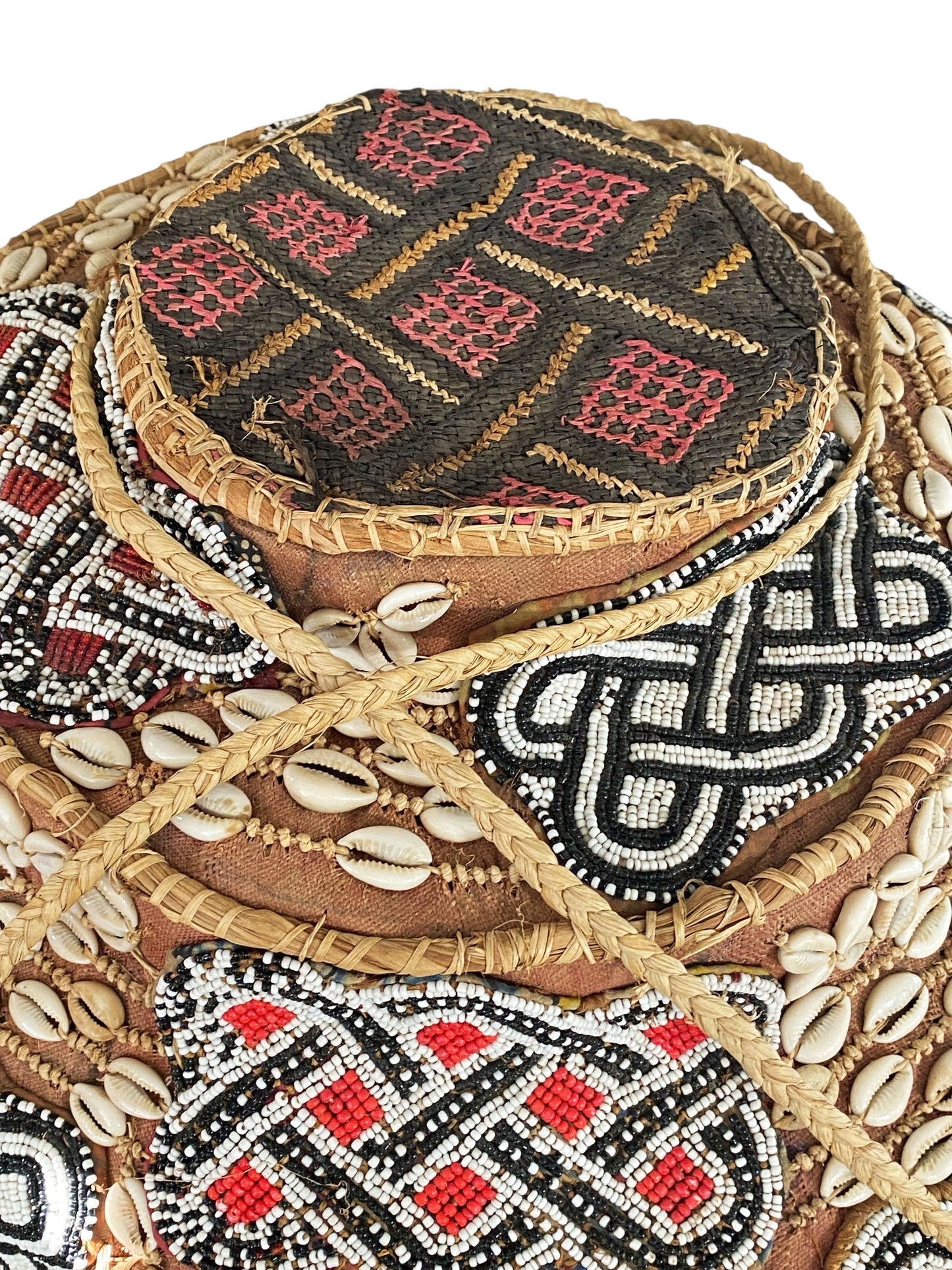 #1118 Vintage Large Kuba Royal Beaded Basket Congo 27" H