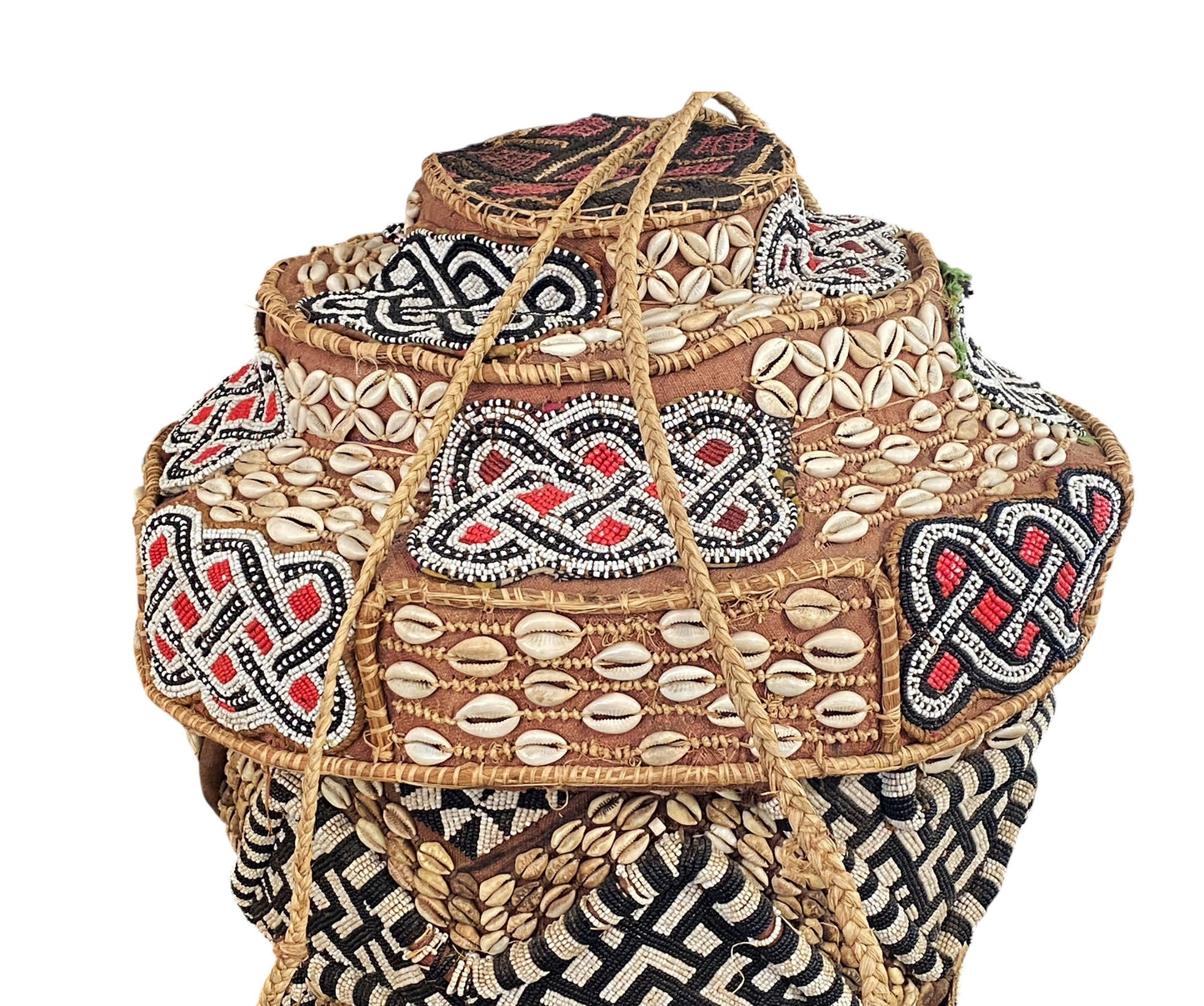 #1118 Vintage Large Kuba Royal Beaded Basket Congo 27" H
