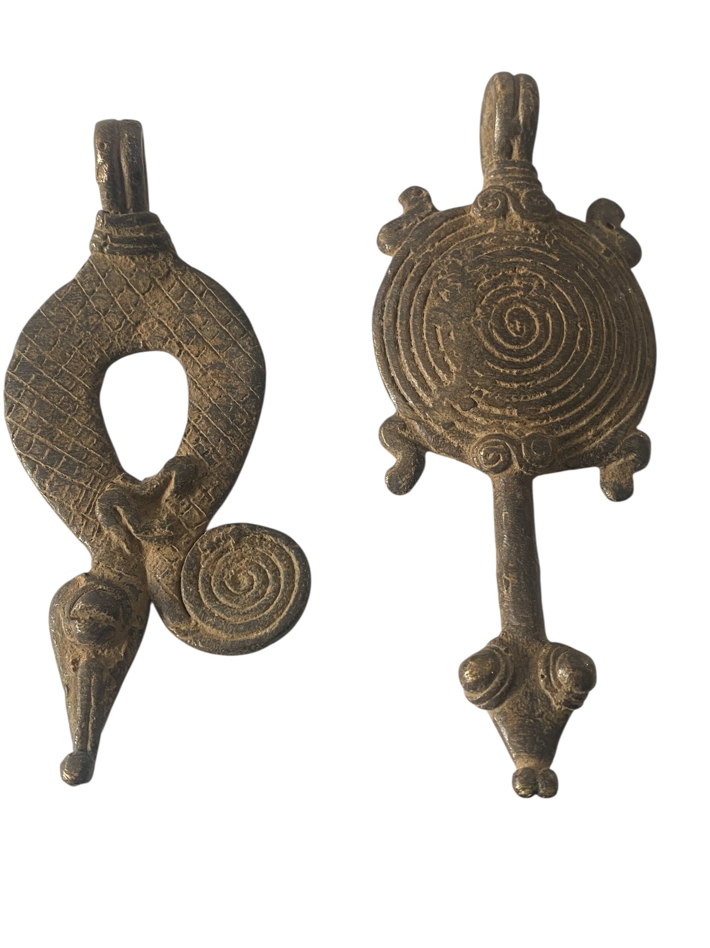 #1202  Vtg set of Two Gan Bronze Amulet Pendant/gold Weight / Ornate Serpents Burkina Faso (Copy)