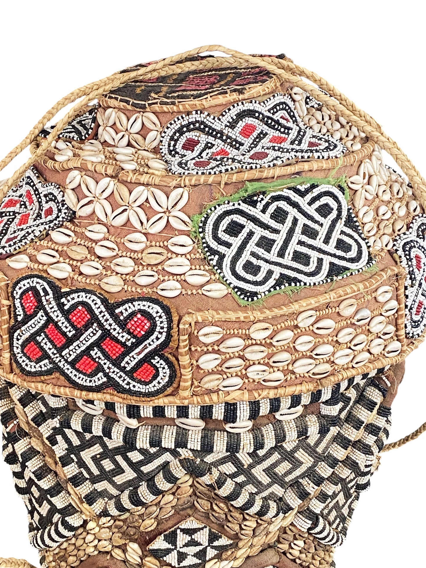 #1118 Vintage Large Kuba Royal Beaded Basket Congo 27" H