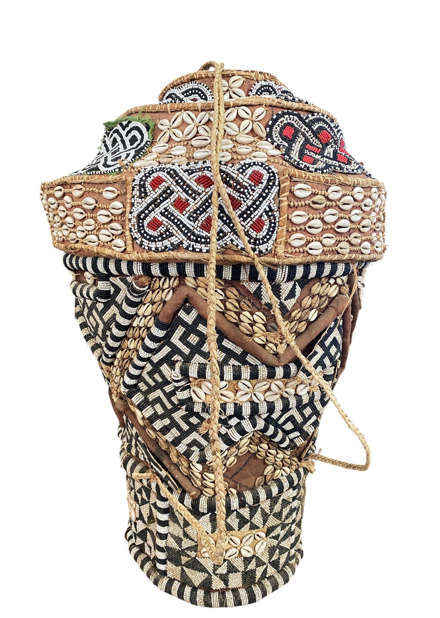 #1118 Vintage Large Kuba Royal Beaded Basket Congo 27" H