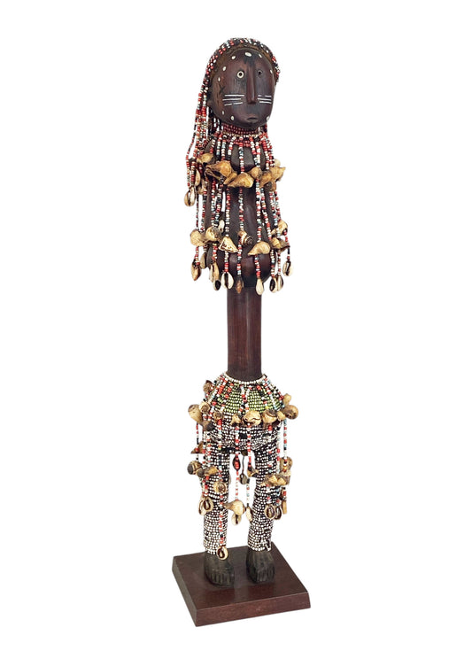 #1162LG Vintage African Carved Wood w/ Trade Beads Shells  Namji Fertility Doll 29" H